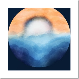 Vibrant Moon Rising Over The Mountains and Waves Abstract Digital WaterColor Art Posters and Art